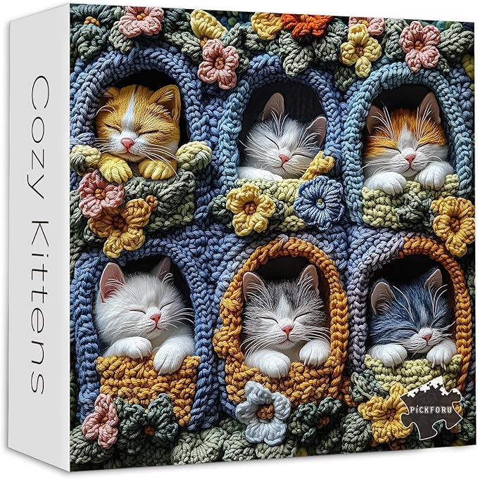 Cat Puzzles for Adults 1000 Pieces, PICKFORU Cute Kitten Puzzle Wildflowers Embroidery, Difficult Animal Flower Art Theme as Wall Decor