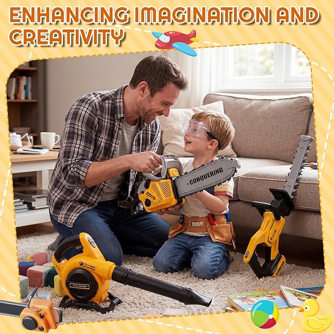 3 Pcs Toy Gardening Tool Set for Kids Toy Leaf Blower Chainsaw Hedge Trimmer Play Set with Lights and Sounds Birthday Gifts for Christmas Boys Girls