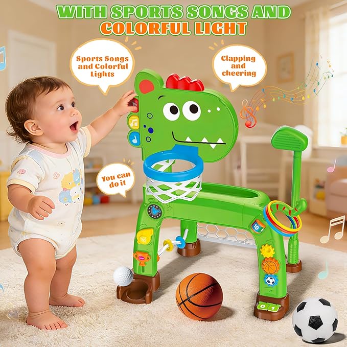 4-in-1 Toddler Basketball Hoop Soccer Goal with Golf Game and Ring Toss, Dinosaur Toys for 1 2 3 Year Old Babies Boys Girls, Kids Sports Toy with Light Sound Music, Xmas Birthday Gifts for Toddlers