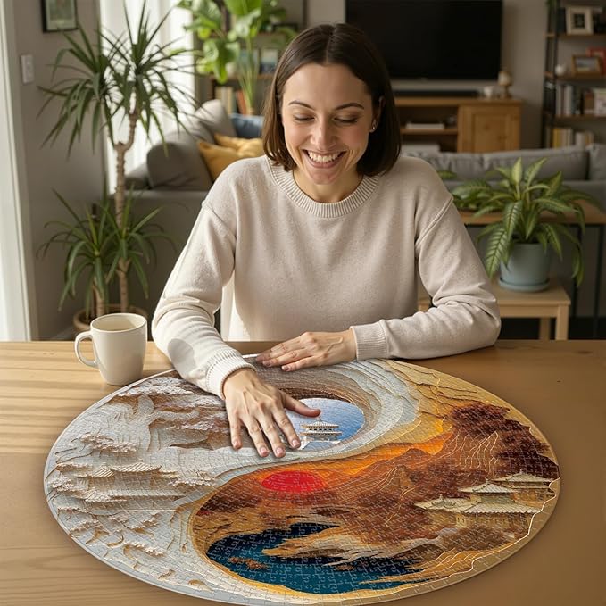 1000 Piece Round Jigsaw Puzzle for Adults - Harmony of Yin & Yang 26.6in Diameter Circular Brain Challenge & Zen Home Decor for Mindful Relaxation