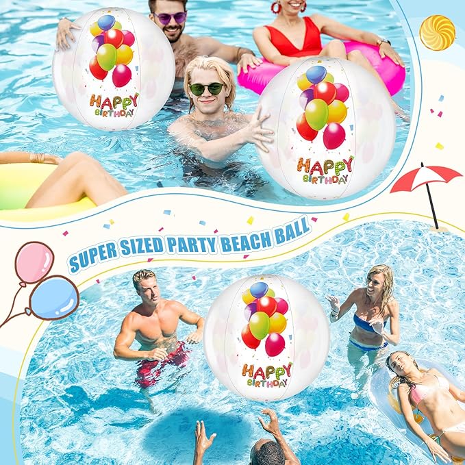 4 Pcs 20 Inch Birthday Beach Ball Clear Inflatable Pool Balls Bulk Large Pool Birthday Party Decorations for Swimming Outdoor Water Games Adults Gift Favor
