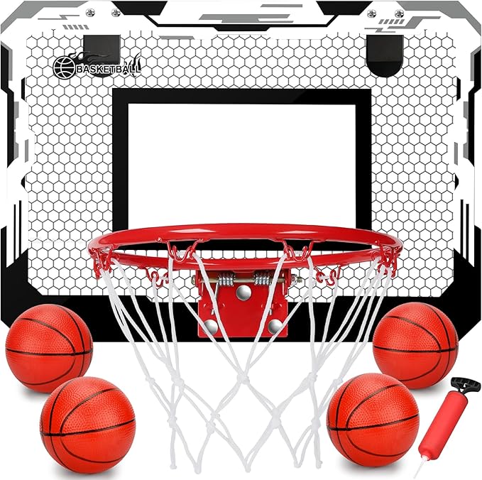 Indoor Mini Basketball Hoop Set Gift for Kids Adults, Upgrade Over Door Hoop with 4 Rubber 6" Balls, Wall Mount Hoop for Bedroom Yard, Christmas Stocking Stuffer Gift for Boys Teen
