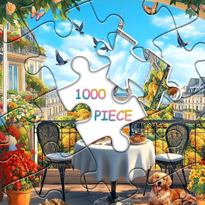 Paris Jigsaw Puzzles 1000 Pieces, Flower Landscape Scenery Puzzle Features Bird Dog Cat Butterfly, Eiffel Tower Nature Scenic Floral Challenge for Adults