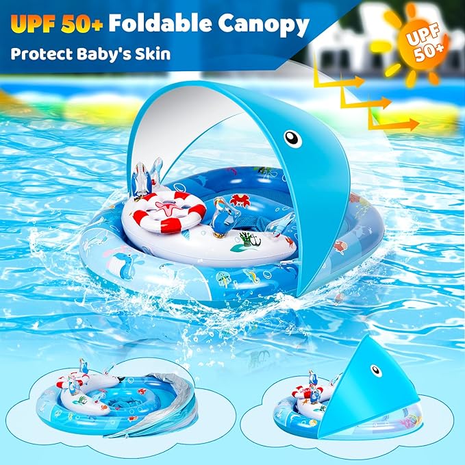 Baby Pool Float with Canopy, Baby Swim Float with UPF50+ Sun Protection Canopy and Toy Play Console, Inflatable Baby Float & Swimming Float with Adjustable Safety Seat for 6-36 Months