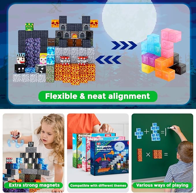 100PCS Magnetic Blocks - Dark Castle Set Magnetic Building Blocks, Stacking Magnets for Kids, Strong Magnets, Sensory Toy for STEM Learning Toys for Kids 3+ Boys and Girls Easter Birthday Gifts