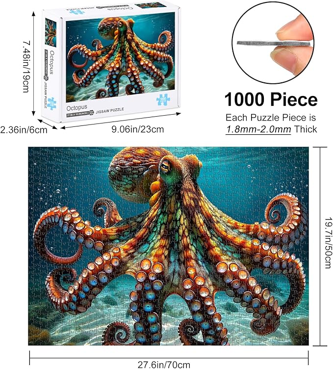 Rocorose Octopus Puzzles for Adults 1000 Pieces, Deep Blue Sea Ocean Exploration Theme Jigsaw Puzzle, Nature Marine Artwork Challenging Family Activity Puzzle Game