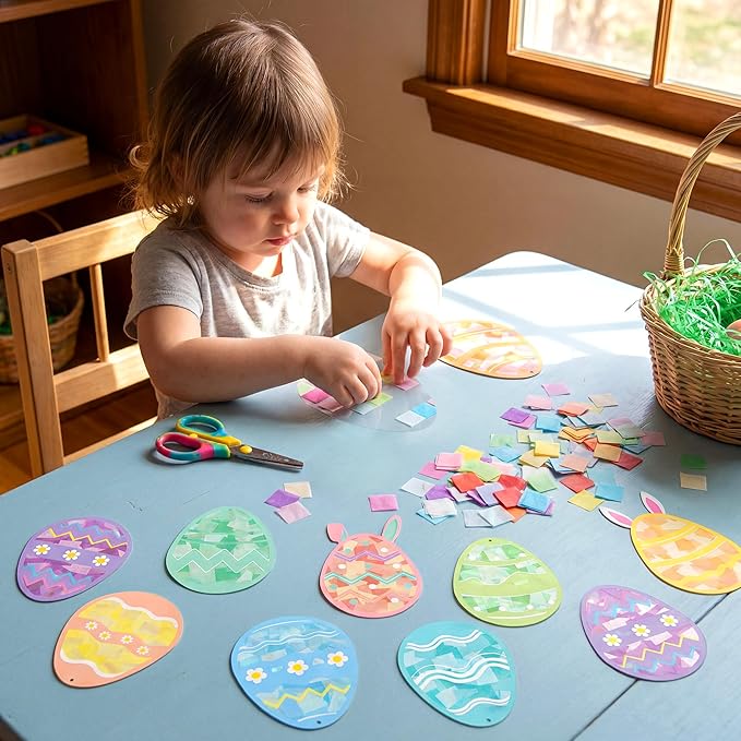Renbuzhu 48PCS Easter Crafts Bulk: Eggs Paper Suncatchers DIY Kit for Activities Decorations, Window Stained Glass Effect Art Ornaments