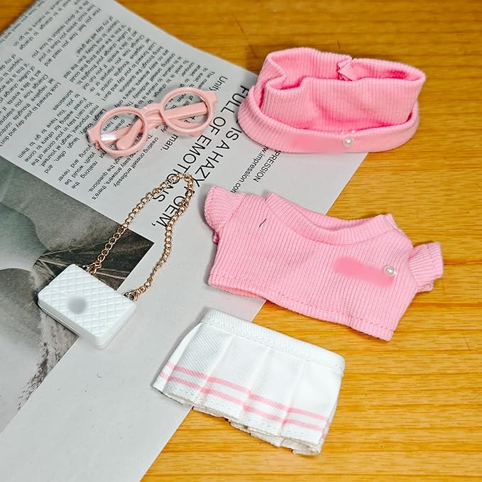 Doll Clothing Set (No Doll), Cute Cropped Straw Hat, Crossbody Bag, Dress, Suitable for 15-17cm Dolls, Outfit Accessory Set for Unique Styling (Pink-5PCS)