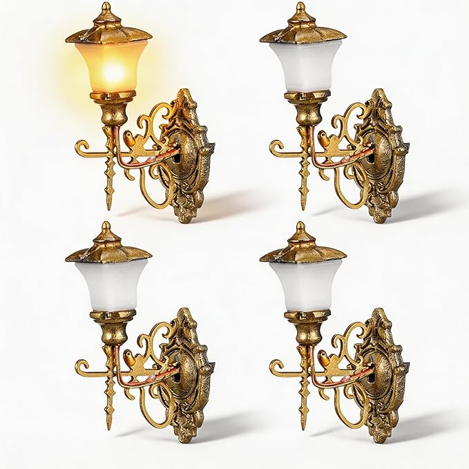DOITOOL 4Pcs Dollhouse Wall Light Mini Vintage Dollhouse Wall Sconce Lights Decorative Miniature Lamps for DIY Micro Landscape Sand Table Ornaments - Golden