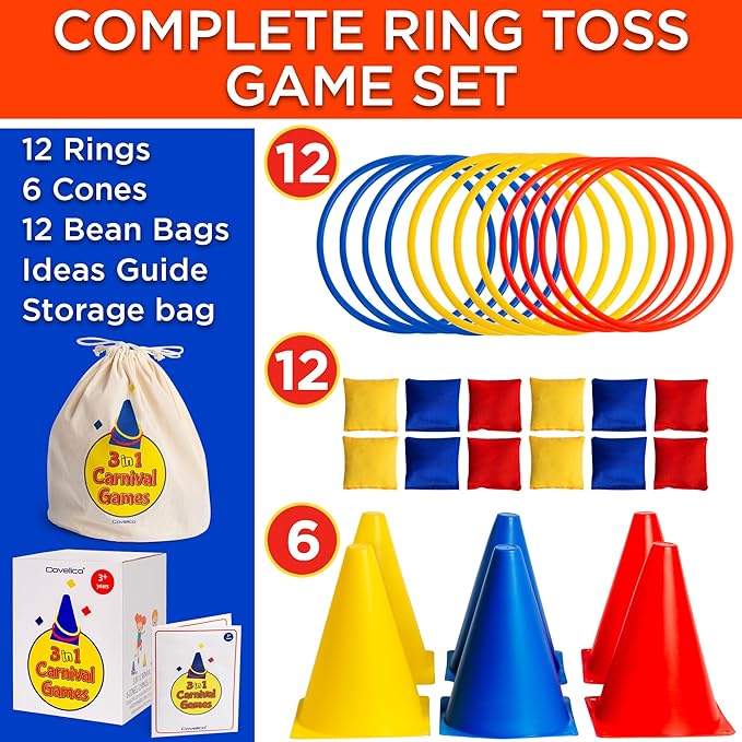 Ring Toss Game, Obstacle Course for Kids 3-5 & Birthday Party Games, Carnival Bean Bags for Tossing Gross Motor Toys for Toddlers 3-5, 12 Rings & 12 Bean Bags, 6 Cones for Kids, PE Equipment