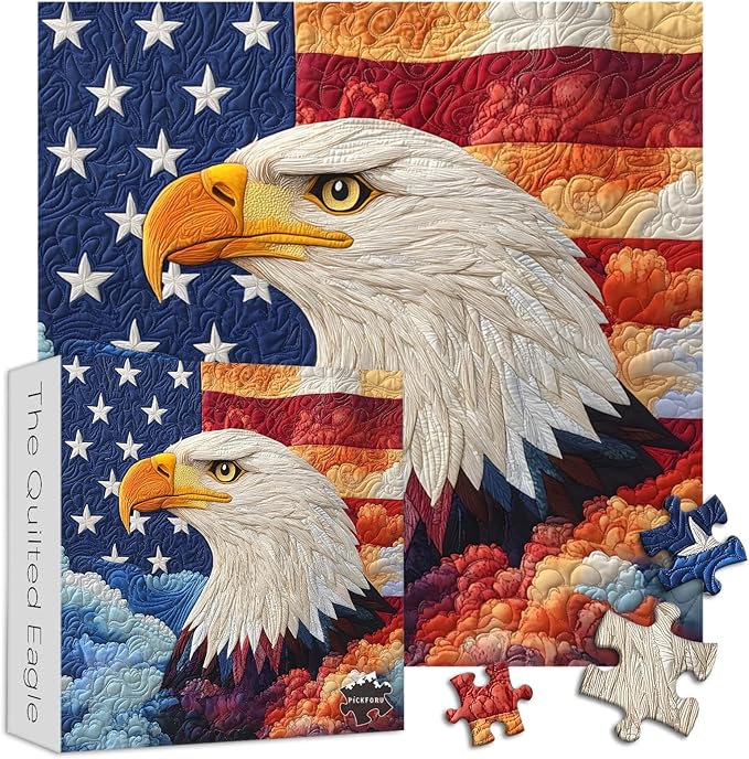 PICKFORU Embroidery Eagle Jigsaw Puzzles 1000 Pieces, American Flag Puzzles for Adults, Colorful Patch Theme as Home Decor