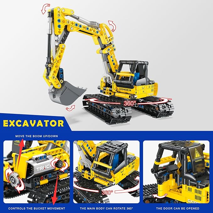 2-in-1 Excavator & Bulldozer Building Kit - 399 Pieces STEM Educational Construction Toys for Kids, Creative Birthday Gift Idea