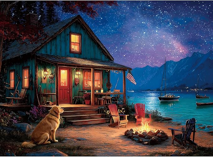 500 Piece Puzzle for Adults, Summer Starry Night Campfire Cottage Jigsaw Puzzle, Challenging Perfect for Game Nights, 20.5 X 15 in