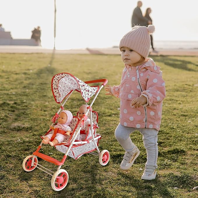 Double Doll Stroller for Twin Dolls & Toddlers - 25' Floral Tandem Play Toy Stroller