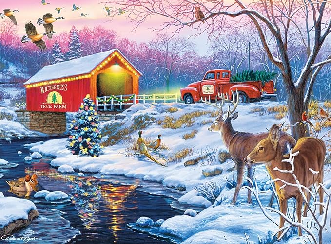 Buffalo - 1000 Piece Darrell Bush Christmas in the Country Jigsaw Puzzle - Winter, Holiday Scene with Deer and Christmas Tree - Challenging Puzzles for Adults and Families