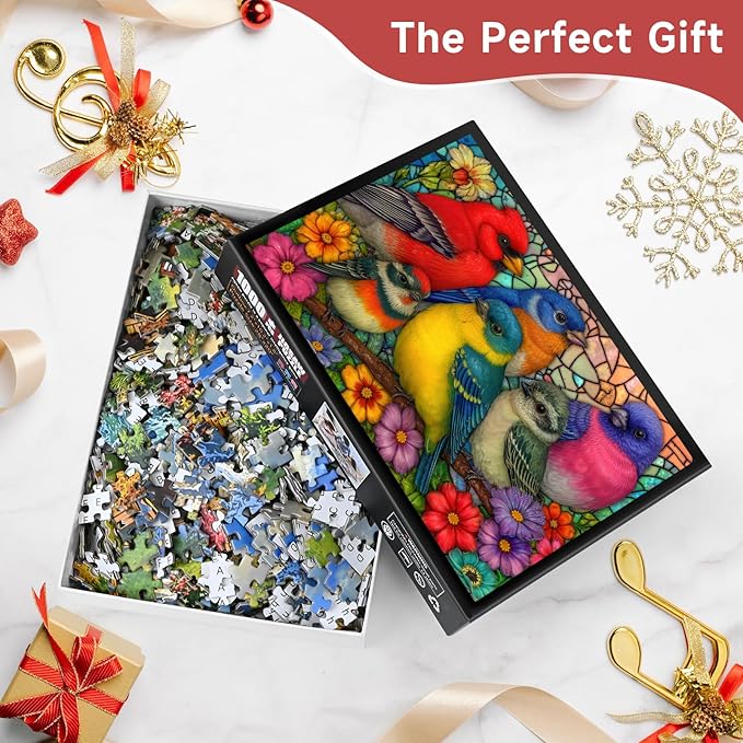 Stained Glass Birds 1000 Piece Puzzle for Adults - Colorful Avian Art, Vibrant Floral Scene, Poster & Lettered Back, 28"x20" HD, Gift for Bird & Art Lovers