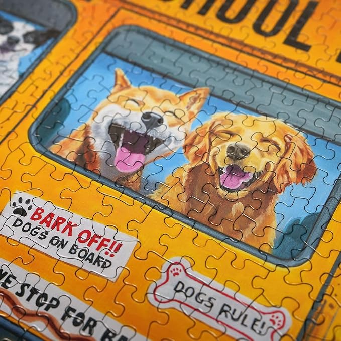 Springbok Happy Bus 500 Piece Jigsaw Puzzle for Adults and Kids - Dog Lovers Will Enjoy This Illustration by Artist Carol Luz of Lots of Happy Dogs on The schoolbus.