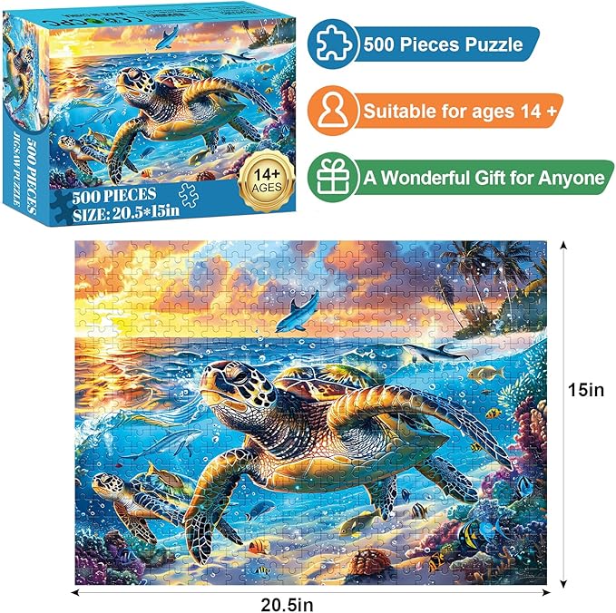 500 Piece Puzzle for Adults-Sea Turtle Puzzle| Recycled Cardboard Jigsaw Puzzles 500 Pieces | Challenging Family Activity Great Gift Idea for Family Friends | Difficult Puzzles Size 20.5X 15 inches