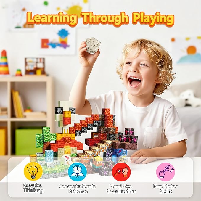 200PCS Magnetic Building Blocks Magnetic Blocks Cubes for Kids Ages 4-8 STEM Constructions Magnet Blocks Sensory Stacking Toy (Lava Grill Chicken-200pcs)