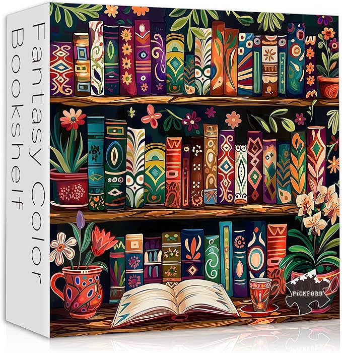 Blooming Bookshelf Jigsaw Puzzles 1000 Pieces, Vintage Literary Blossom Colorful Art Puzzle, Flower Book Wildflower Page Floral Themed, Library Impossible Challenging Puzzles for Adults