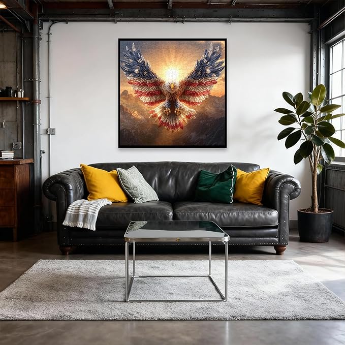 American Flag Eagle Puzzles for Adults 1000 Pieces, Nature Bird Bald Eagle Sunset Landscape Jigsaw Puzzle, Majestic Patriotic Freedom Wings Art Puzzle, Challenging United States Themed Puzzle