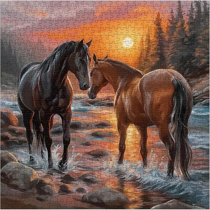 Art Sunset Horse Puzzles for Adults 1000 Pieces, Aesthetic Colorful Animal Landscape Jigsaw Puzzles, Hard Challenging Forest River Mustang Painting Puzzle