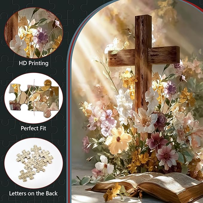Great Jigsaw Puzzles for Adults 300 Pieces Religious Cross with Daisy Flowers Puzzles for Adults Toys Gift Family Decoration Kids Puzzle