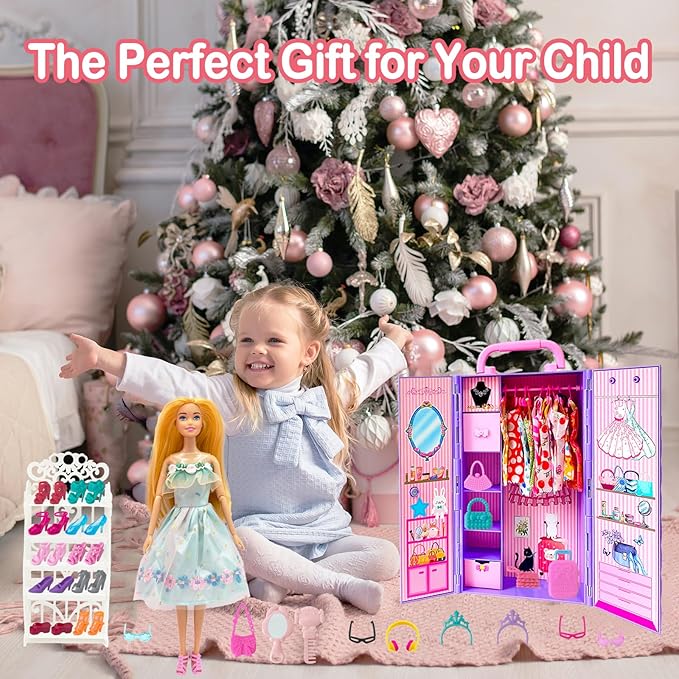 122 Pcs Doll Closet Playset with 11.5 Inch Dolls, Clothes and Accessories, Include Princess Dresses Shoes Bags Hangers Shoe Rack Doll Other Accessories, Dress Up Toys for Girls, Kids, Toddler (Purple)