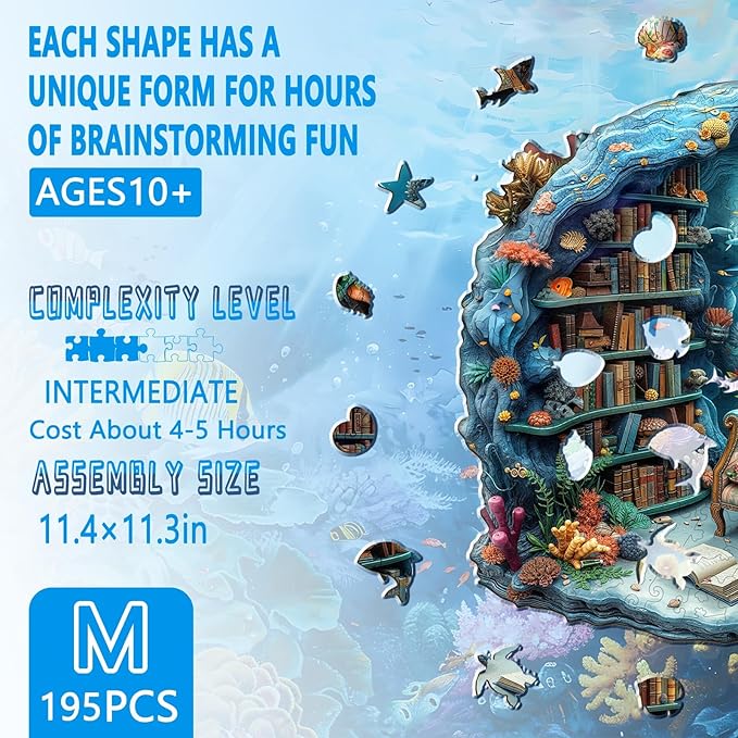 Wooden Puzzles for Adults, Undersea Book House Wooden Jigsaw Puzzle for Adults, Unique Shape Wood Puzzles Adult, Presents for Women and Men, Wall Art Home Decor(M -11.4 * 11.3in-195 pcs)
