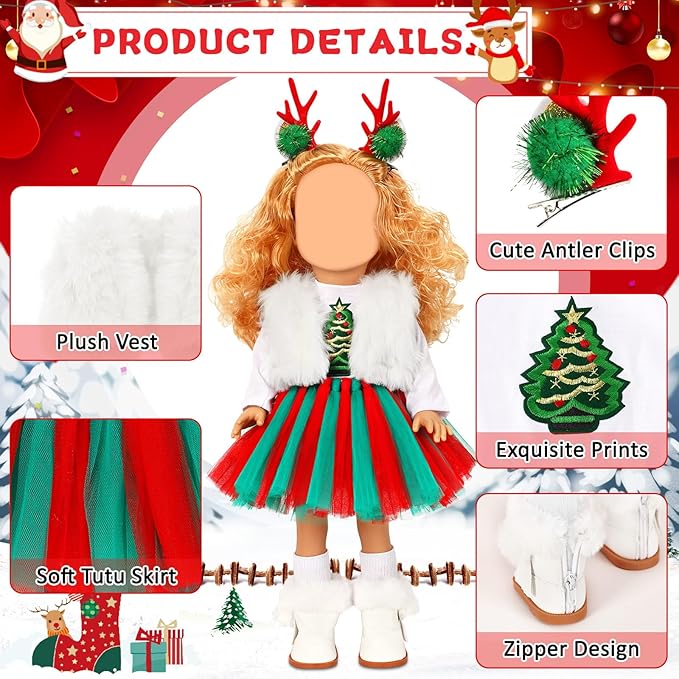 UPINS Christmas 18 Inches Doll Clothes and Accessories Winter Doll Outfits Set Christmas Deer Costume Includes Tutu Dress Vest T-Shirt Shoes Hairpin Socks for 18 Inch Doll Girls Gifts