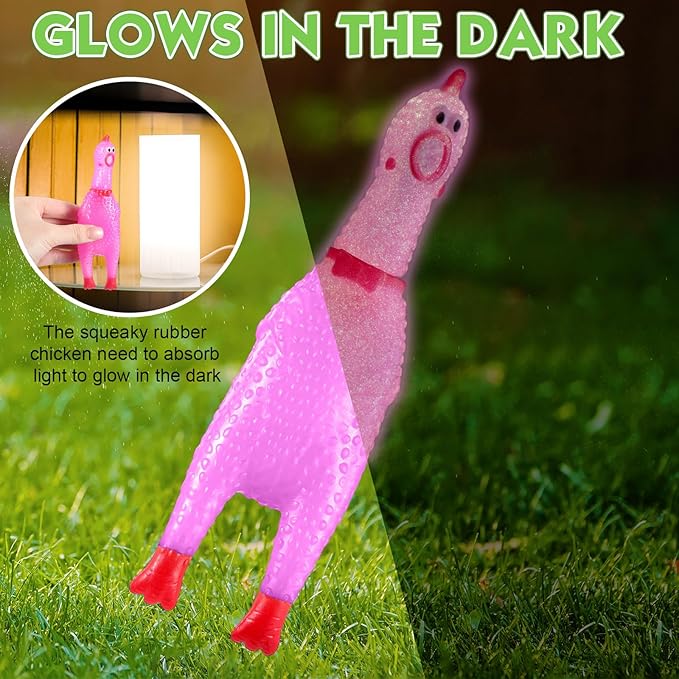 Honoson 50 Pcs Glow in The Dark Rubber Chicken 6.5 Inch Luminous Screaming Glowing Novelty Squeaky Chicken Prank Novelty Party for Adults, Family Games (Pink,Orange,Blue,Green)