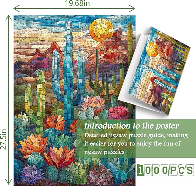 Cactus Puzzles for Adults 1000 Pieces and up, PICKFORU Stained Glass Puzzle Including Mosaic Art Cactus, Colorful Succulent Puzzles for Plant Lovers