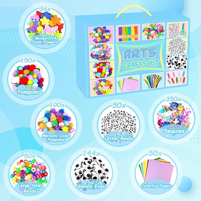 BNUZEIYI 2000 PCS Arts and Crafts Supplies for Kids All-in-1 Craft Kit with Pipe Cleaners Craft Box Set DIY Crafting Supply School Supplies Toys Gifts for Girls Boys Ages 4-6, 6-8, 8-12, Blue