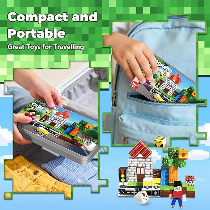 45 Pcs Travel Magnetic Blocks -Mini Magnetic Building Blocks for Kids Ages 4-8, Magnet Cubes Stacking Toys with Portable Metal Box, Easter Birthday Gift for 3+ Year Old Boys Girls