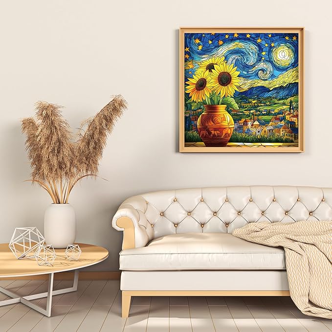 Starry Night Puzzle 1000 Pieces-Moonlit Night, Sunflower Puzzles for Adults 1000 Pieces, Jigsaw Puzzle Stained Glass, Difficult Jigsaw Puzzles for Family, Finished Size 23.98 * 23.98"