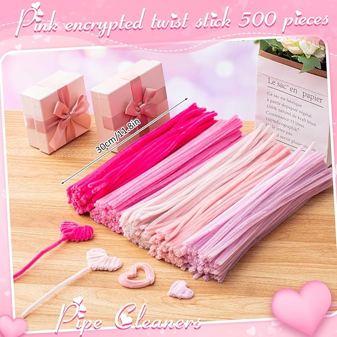Peryiter 500 Pieces Pipe Cleaners Chenille Stems for Flowers Craft Supplies Bulk Fluffy Fuzzy Sticks for DIY Art Projects Creative Gift Wrapping Party Decorations(Pink,12 Inch)