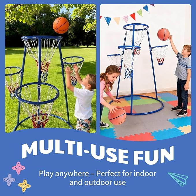 GarveeHome 4-Hoop Kids Basketball Set,Indoor & Outdoor Toddler Basketball Goal for Ages 3-6, Preschool Sports Toy with 4 Balls and Pump, Fun Active Play Gift