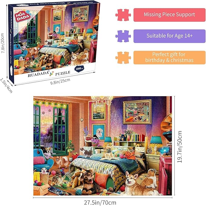 HUADADA Jigsaw Puzzles for Adults 1000 Pieces, Pets Room Interlock Perfectly Letter on Back No Dust, Home Decor Birthday Party Toy for Men Women Elders Seniors (27.5"x19.6"), 1:1 Poster