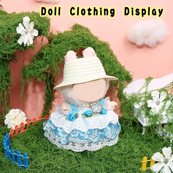 Clothes for labubu Skirt Set for Doll 3 Piece Set with Dress Outfit Hat Necklace Chic Dress for Dolls Accessories (NO Doll)(SkyBlue Lace)