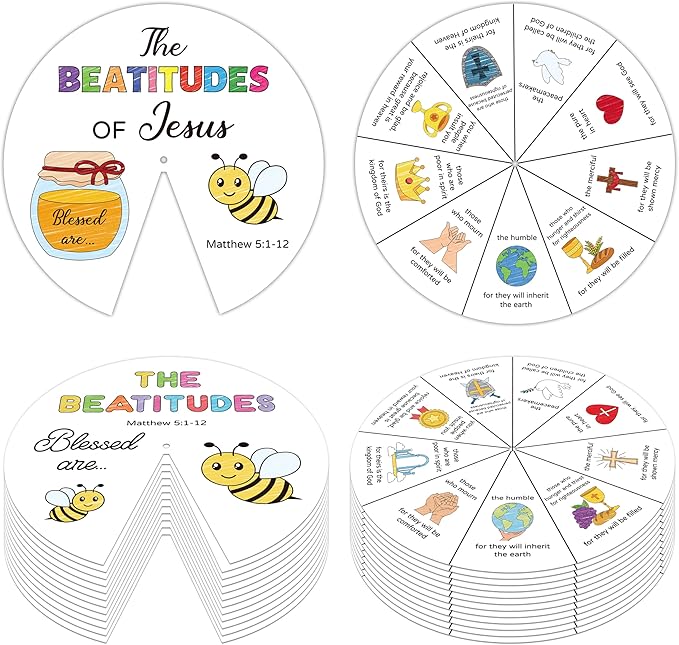 COcnny Religious Coloring Wheel Craft - 24 Sets Beatitudes Christian Craft for Kid, Color Your Own Jesus Art Kit, Biblical Bee DIY Crafts for Sunday School Classroom Church Activities VBS Supplies