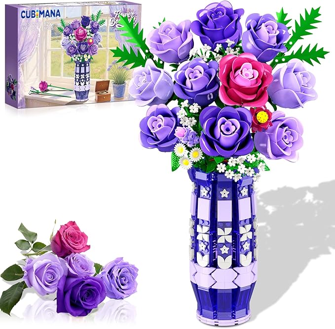 Purple Roses Flowers Building Set with Vase & LED Light, 17 Mini Flowers Bouquet Building Blocks Toy for Adults, Artificial Flowers for Home Office Decor & Display, Gifts for Women & Men