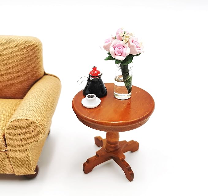 Dollhouse Decoration Accessories, 1:12 Dollhouse Furniture Miniature Wooden Round Side Table