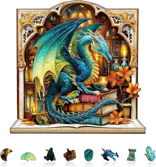 Wooden Puzzle for Adults-Bookcase Dragon Wooden Puzzle Unique Shape Advanced Animal Jigsaw Puzzle for Adults and Kids, Best Gift, Wood Puzzles, Challenge Wooden Jigsaw Puzzle (M-11.2 * 10.9in-200pcs)