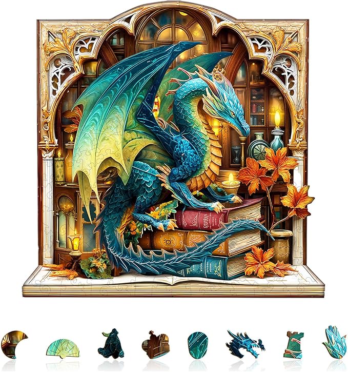 Wooden Puzzles for Adults, Bookcase Dragon Jigsaw Puzzles, 100 Piece Unique Shaped Puzzle, Animal Theme Shape Puzzle, Gifts for Adults/Friends/Family, Family Game，Wall Decor(8.3 * 8.1in)
