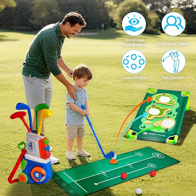 PJG Toddler Golf Set, Plastic Kids Golf Clubs Ages 1 2 3 4 5 Years Old with 4 Golf Clubs and 10 Balls, Indoor and Outdoor Golf Toys with Cart for Boys Girls Birthday Gift (Blue with mat and Cornhole)