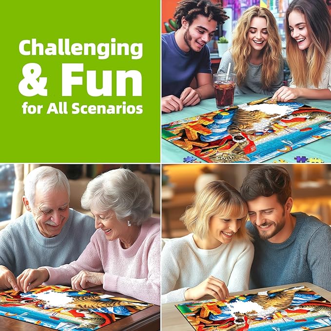 Vibrant Beach Jigsaw Puzzle for Adults 1000 Piece, Funny Cats Summer Vacation Scene, 27.56x19.69 Inches, Stress Relief & Home Decor, Entertaining Challenge