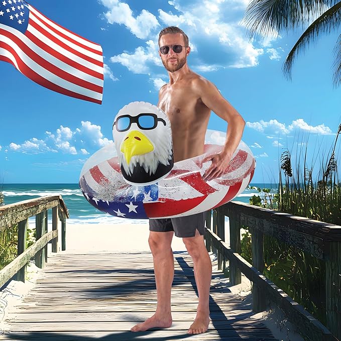 POZA Inflatable USA Pool Float - Luxurious Fun Lounger Filled with Sparkle Silver Stars Confetti, Cool USA Flag Design Water Swimming Pool Floaties for Beach, Lake & Pool