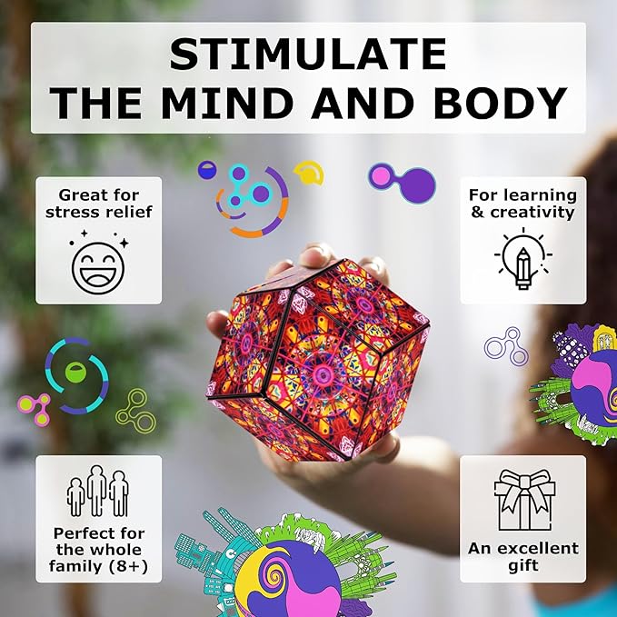 Shashibo Shape Shifting Box - STEM Fidget Toy with Ultra Strong Magnets - Sensory Puzzle Cube Transforms Into 100+ Shapes, Easter Basket Stuffers Gift for Kids, Teens, and Adults (QDOT Map)