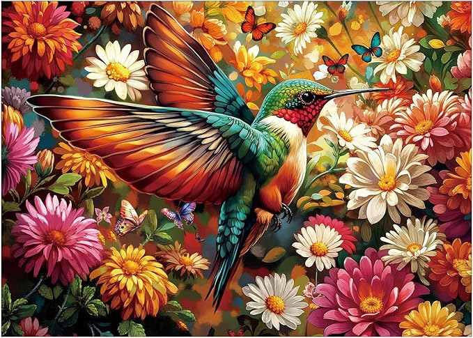 Hummingbird Colorful Flower Puzzle 1000 Pieces for Adults, Bird Sunflower Butterfly Nature Jigsaw Puzzle, Plants Spring Vintage Art Puzzles