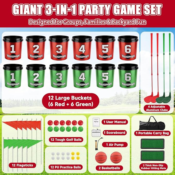 Giant 3-in-1 Outdoor Backyard Party Game Set – Bucket Golf, Yard Pong Basketball & Toss Games – Large Outdoor/Indoor Lawn Games for Adults & Families, Beach & Camping